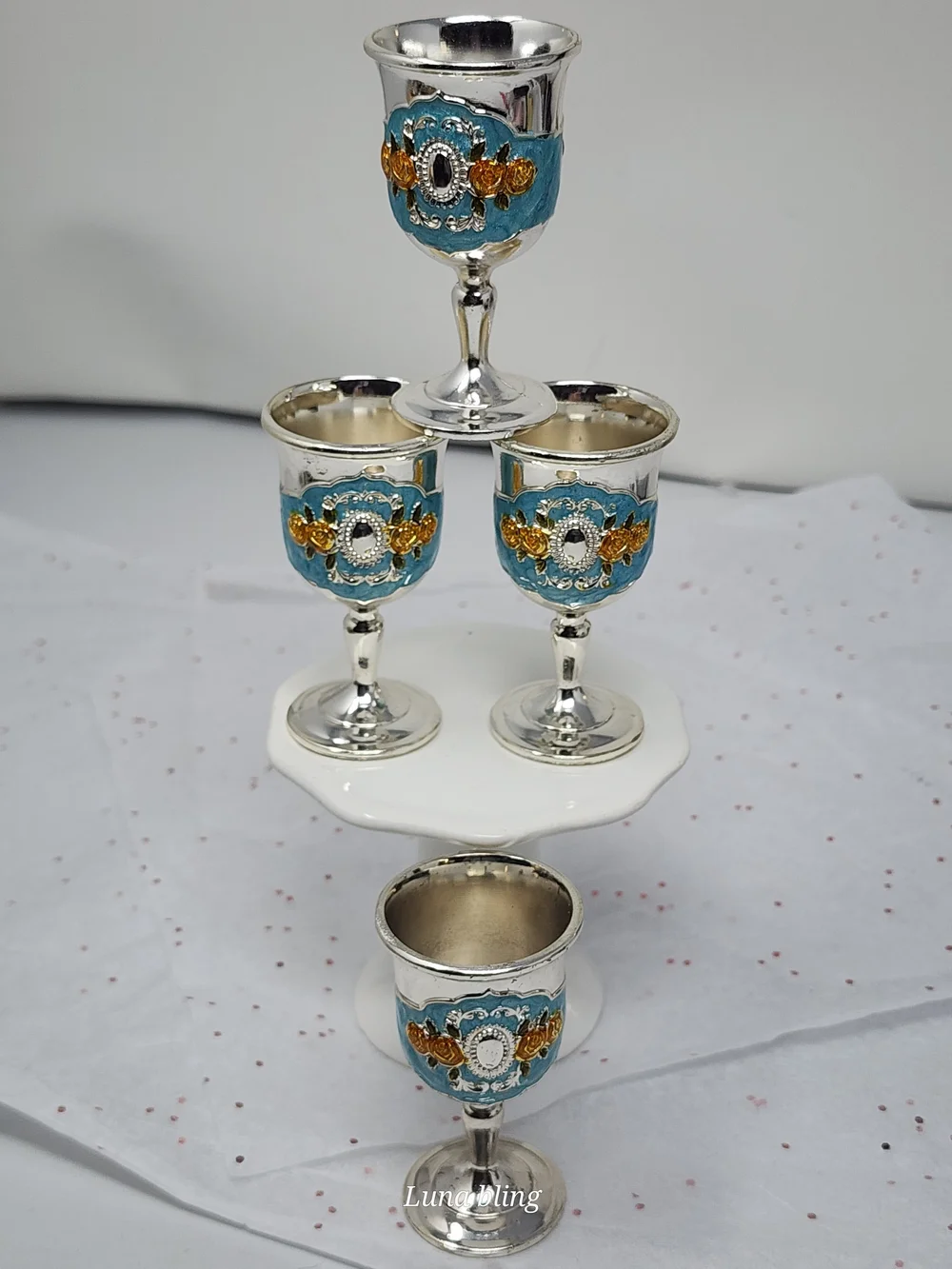 Decorative Silver-Tone Goblets with Turquoise and Gold Accents